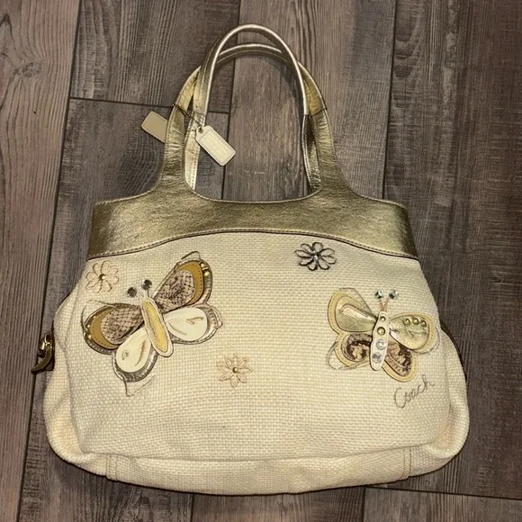 Coach Ivory Straw Embossed Embroidery Butterfly Gold Leather Trim Shoulder Bag - Picture 6 of 17